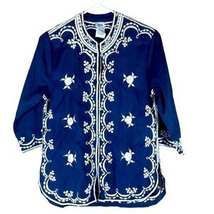 Chuchi Blue and White Embroidered Button Front Top / Cardigan Size Small 📦